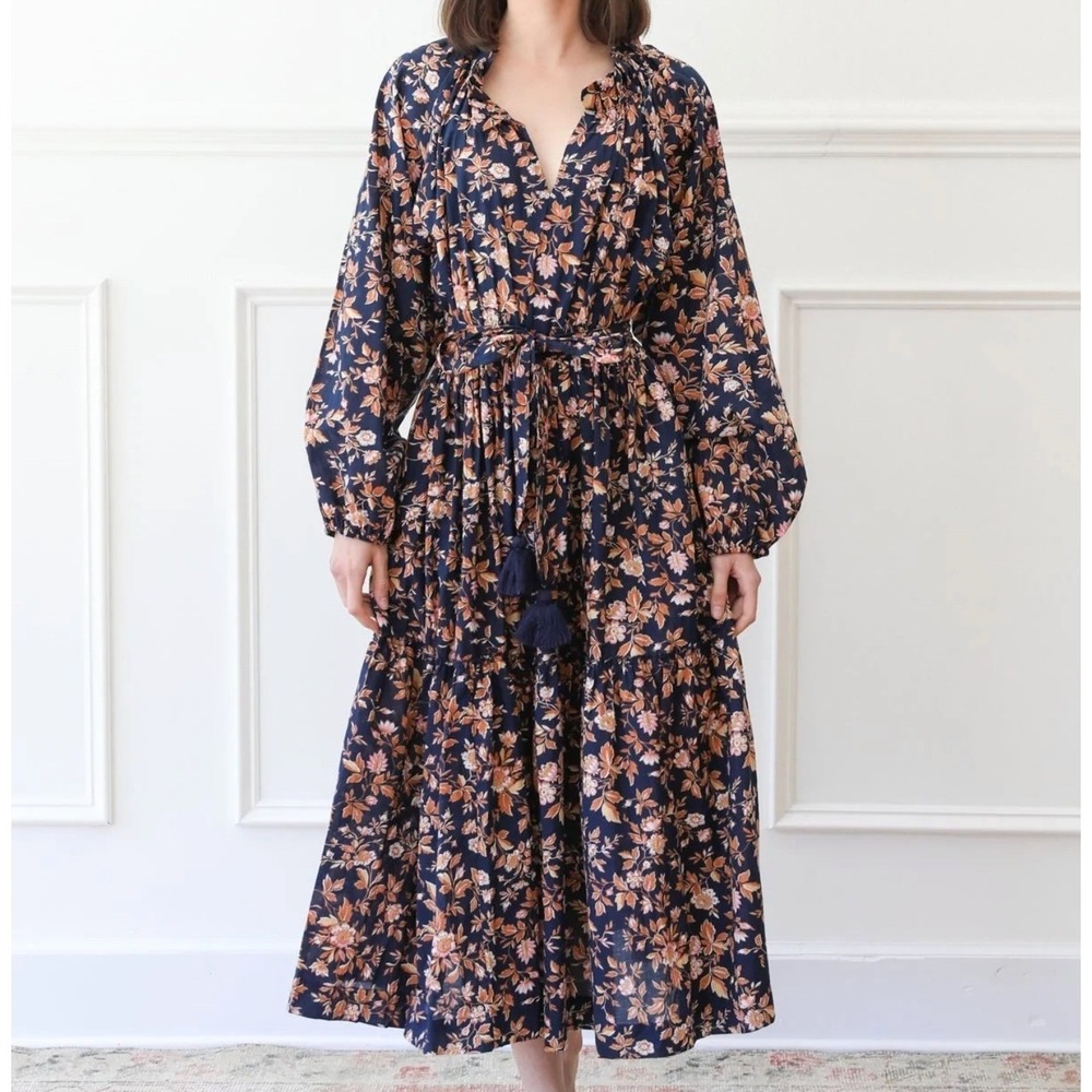 Mille Marlo Dress Medium Navy Floral Cotton Boho Tassel Belt Maxi Resort Travel